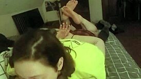 redhead slave deepthroats intensely on stomach