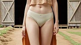 lingerie models pose barefoot around the country ranch