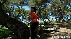 colombian babe drops to knees sucking cock deep in crowded public park outdoors