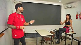 petite horny colombian student gives delicious blowjob then juicy pussy ride to pass class in classroom