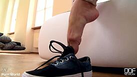 Beautiful shaved Dutch brunette spreads narrow ass pussy in jeans lingerie