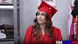 Young Brunette Graduate In Uniform Fucked Roughly By Monster Cock For Stealing