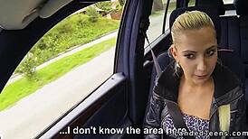 omg blonde hitchhiker babe jumps in the car and rides cock pov style outdoors with her panties aside 🚗💦🍆