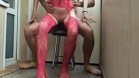 Wife's First Balcony Fuck in Stockings Doggystyle Cum Mouth Finish