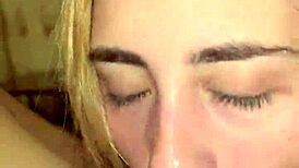 Skinny blonde teen gags on sloppy deepthroat facefuck with massive cumshot