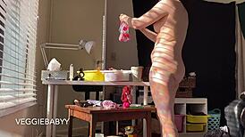 Voyeur pov spies redhead tattoo girl cleaning room naked shaved pussy full fantasy