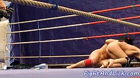 Busty Babes Finger Wet Pussies During Naked Lesbian Ring Wrestling