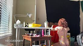 Voyeur pov spies redhead tattoo girl cleaning room naked shaved pussy full fantasy