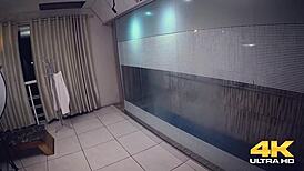 Young big tits babe blows monster cock in sauna