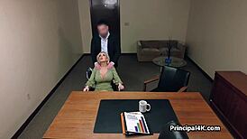 Spy cam catches soccer mom milf offering her big fake tits and pussy at work?