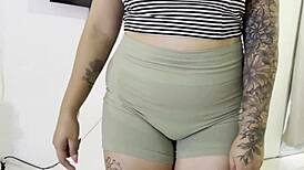 unfaithful gym slut returns home dripping cum creampie from trainer's load in tight pussy