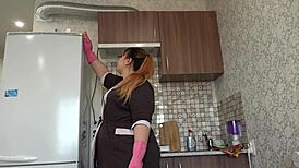 fat russian bbw finds dildo during cleaning inserts anal for orgasm