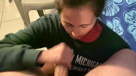 Open wide for this hotel blowjob wife sucking huge cock to mouthful cum outdoors