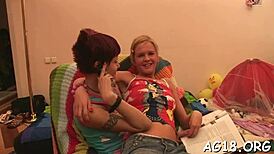 Two sexy lesbian babes seduce each other riding dildos in their steamy sex tape.