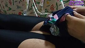 girl slips into garter stockings and swimsuit crotch for steamy nylon masturbation climax