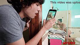 hey lucky boy catches friend's stepmom bathing bare