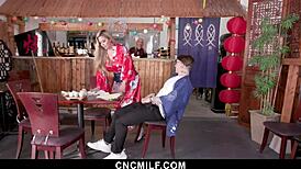 Boy finds freeuse sushi bar milf big tits ass served pussy blowjob riding doggystyle cunilingus beyond food!