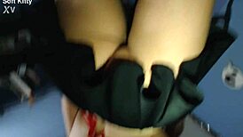 BRUNETTE BABE'S SHAVED PUSSY UP SKIRT REVEAL