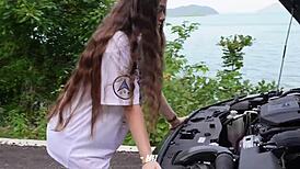 Guy spots hot stranger fixing his busted car then bends her over for rough outdoor doggystyle creampie pounding