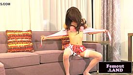 Shy amateur shemale in stockings masturbates solo and gapes her tight ass first time