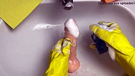 hot housewife cleans soaked dildo post pussy pounding homemade amateur action