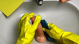 hot housewife cleans soaked dildo post pussy pounding homemade amateur action