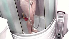 her lover bends my sexy blonde milf wife over the washing machine for doggystyle pussy fuck creampie after shower in stockings