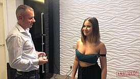 hot brunette amalia's shaved ass pounded doggystyle till cum covered