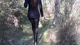 Milf struts sexy in pantyhose and high heels walk