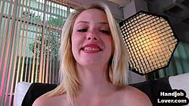 POV blonde teen rips clothes, strokes oiled cock with small tits and dirty talk closeup