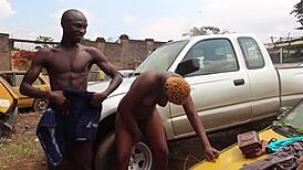 Mechanic Pounds Client's Tight Ass on Car Hood with Big Cock Public Squirting