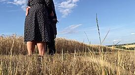 stepmom in sexy dress jerks son-in-law cum secretly outdoor