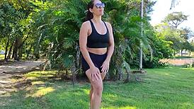 Police catch the hot milf sucking off a young stud right in the public park, what a risky deepthroat moment!