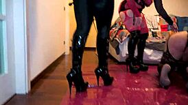 check out lady morgana and miss kika dominating slave paolo backstage with strapon and whips