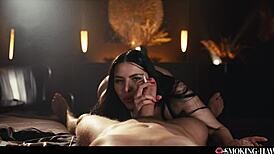 Hot Brunette Smokes Cigarette in See-Through Lingerie Teasing Her Body