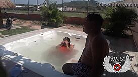hey babe we fuck bareback in in-laws jacuzzi blowjob doggy outdoors
