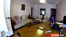 Amateur Black MILF Sloppily Sucks Producer's Monster White Cock for Job