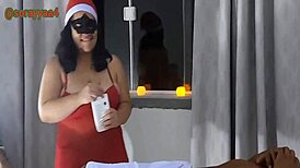 Christmas massage turns into steamy titjob with her huge natural tits.