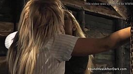 Lesbian Mistress Inspects Bound Slave's Natural Tits Up Close