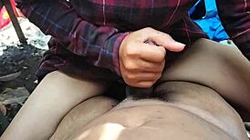 Indo maid sneaks blowjob handjob behind house for cumshot
