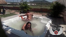 hey babe we fuck bareback in in-laws jacuzzi blowjob doggy outdoors