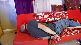 Pretty Blonde Deepthroats Dildo Bound in Heels While Man Dominates Her Naughty Small Tits