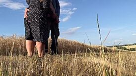 stepmom in sexy dress jerks son-in-law cum secretly outdoor