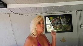 blonde housewife smokes heels on craving big facials close-up