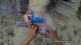 Short haired blonde cutie picked up for outdoor doggystyle fuck