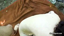 Secret lover rams unshaved granny pussy deep in forest POV