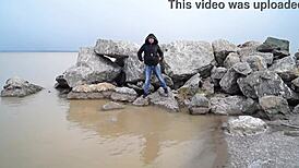 Milf Hairspray Pisses Wild In Sea Outdoors!