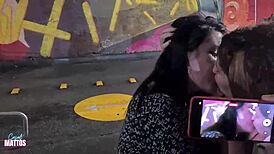 amateur lesbians munch tits outdoors at public fast food spot