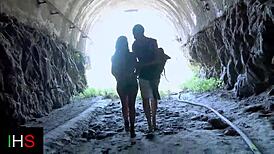 A cute brunette slut gets her shaved pussy fucked outdoor, riding cock doggystyle before swallowing cum from blowjob and rimjob.