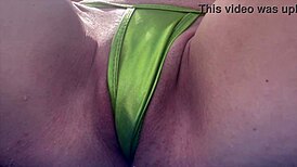 Horny Italian milf flashes tight shaved pussy at Miami public beach